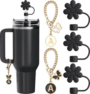 3PCS Black Flower Silicone Straw Cap 30/40Oz Tumbler Cups Straw Covers Drinkware Accessories 2PCS Cute Butterfly Initial Letter Charm Cup Decoration