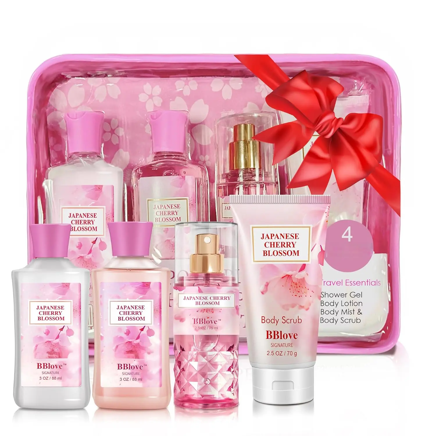 Bath and Body Gift Set  Women and Girls,Japanese Cherry Blossom,4PCS Set -Shower Gel,Body Lotion,Body Mist,Exfoliating Scrub,Body Care Travel Set  Birthday Mother's Day Gifts