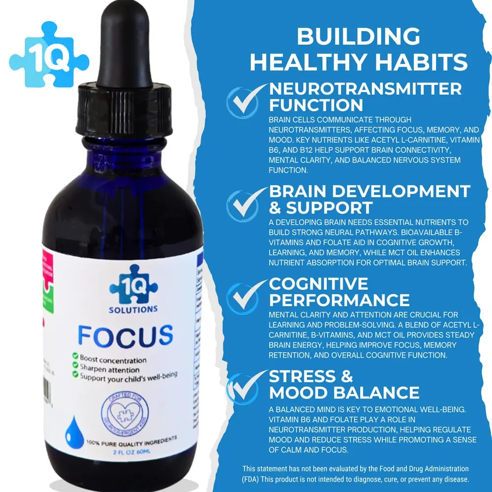 1Q Focus Liquid Cognitive & Brain Support Natural Drops for Kids - Acetyl L- Carnitine + B1, B6, B12 & Folate - Sugar-Free, Vegan, Non-GMO, Gluten-Free, Hypoallergenic with Micellar Technology 1Q Focus Liquid Cognitive & Brain Support Natural Drops for Kids - Acetyl L- Carnitine + B1, B6, B12 & Folate - Sugar-Free, Vegan, Non-GMO, Gluten-Free, Hypoallergenic with Micellar Technology