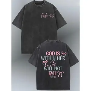 valentine shirts 230g Washed Cotton T-Shirt - Dual-Sided Inspirational Design "GOD IS WITHIN HER SHE WILL NOT FALL" & Psalm 46:5, Retro Vintage Loose Fit Unisex Top for Men & Women, Spring Summer Casual Wear