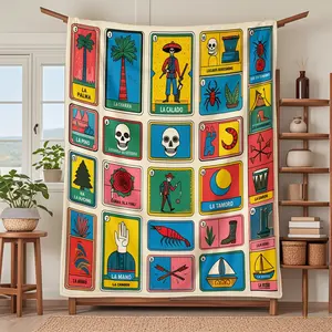 Mexican Lottery Game Pattern Blanket, Soft Knitted Fabric Multi-Size Warm Blanket, Home Decor, Comfortable Fashion Design, All Seasons Use