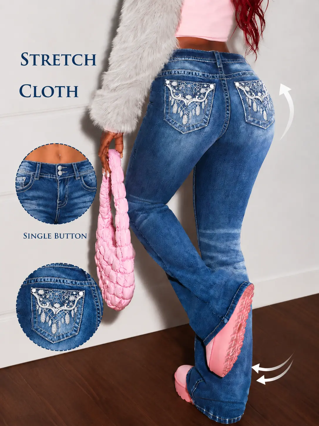 Womens Flare Jeans Low Rise Bootcut Denim Pants with Pockets | Embroidery Pattern,Slightly Stretchy,Regular Fit,Casual,Straight Leg Jeans
