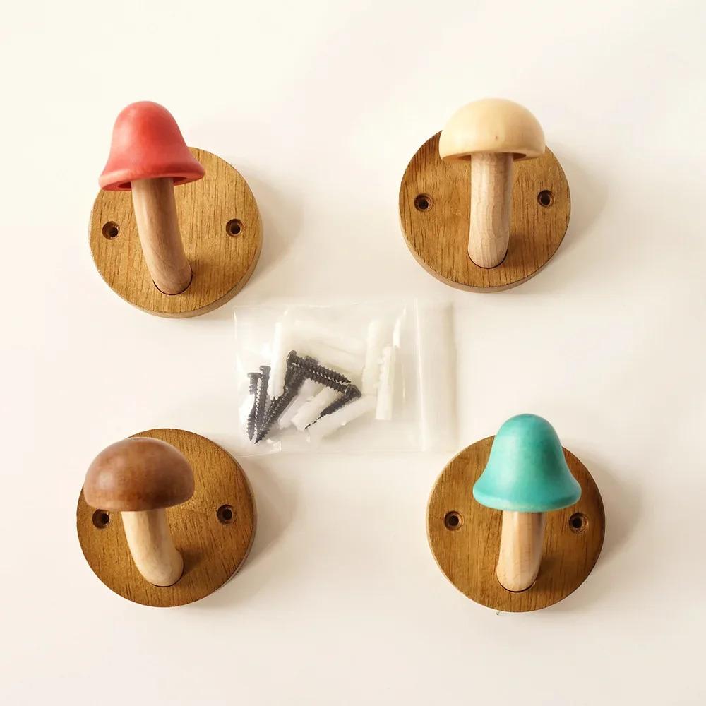 4PCS Wooden Mushroom Coat Hooks, Wall Mounted Towel Hanger, Solid Wood, Colorful, Set of Hooks with Screws (4 hooks & 8 screws)