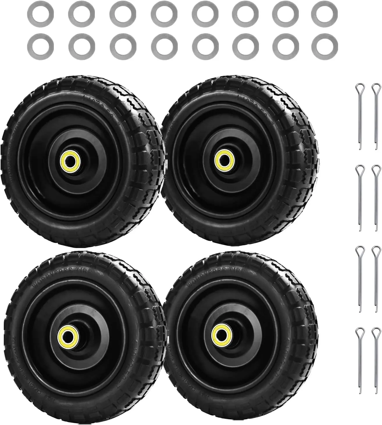 10" Flat Free Tires (4-Pack), 4.10/3.50-4 Solid Rubber Wheels for Gorilla Carts, Garden Wagons, Wheelbarrows & Utility Carts - 5/8" Axle Bore, 2.1" Offset Hub, Heavy Duty No-Flat Replacement