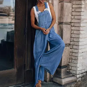 Women's loose sleeveless denim workwear with side pockets, casual style, wide leg jumpsuit jeans women's clothingRAIMENTRY