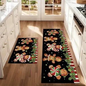 2Pcs Christmas gingerbread man striped flowers Floor mat set for farmhouse kitchen Rug restaurant floor laundry room decor carpet mat