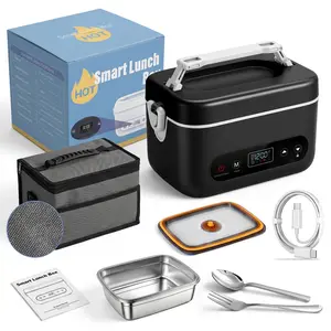 Cordless Heated Lunchbox with Lid, Leakproof Insulated Stainless Steel Tableware Container, 12000mAh Battery, 220°F Max Warmer, Included Fork, Portable for Office & Car, Dishwasher Safe