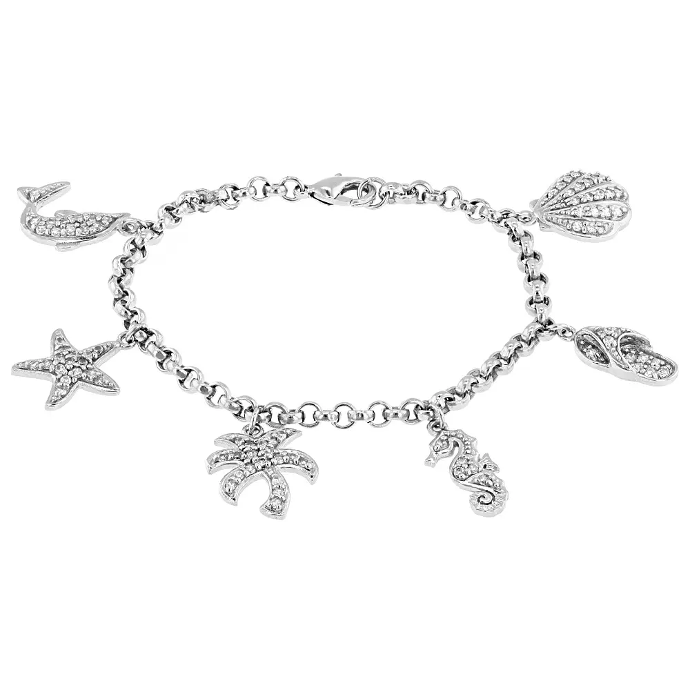 JTV Sea-Themed Charm Bracelet, Rhodium Plated, 2.25ctw White Cubic Zirconia Stones, Charms for Bracelet, 2.25Ctw Stones