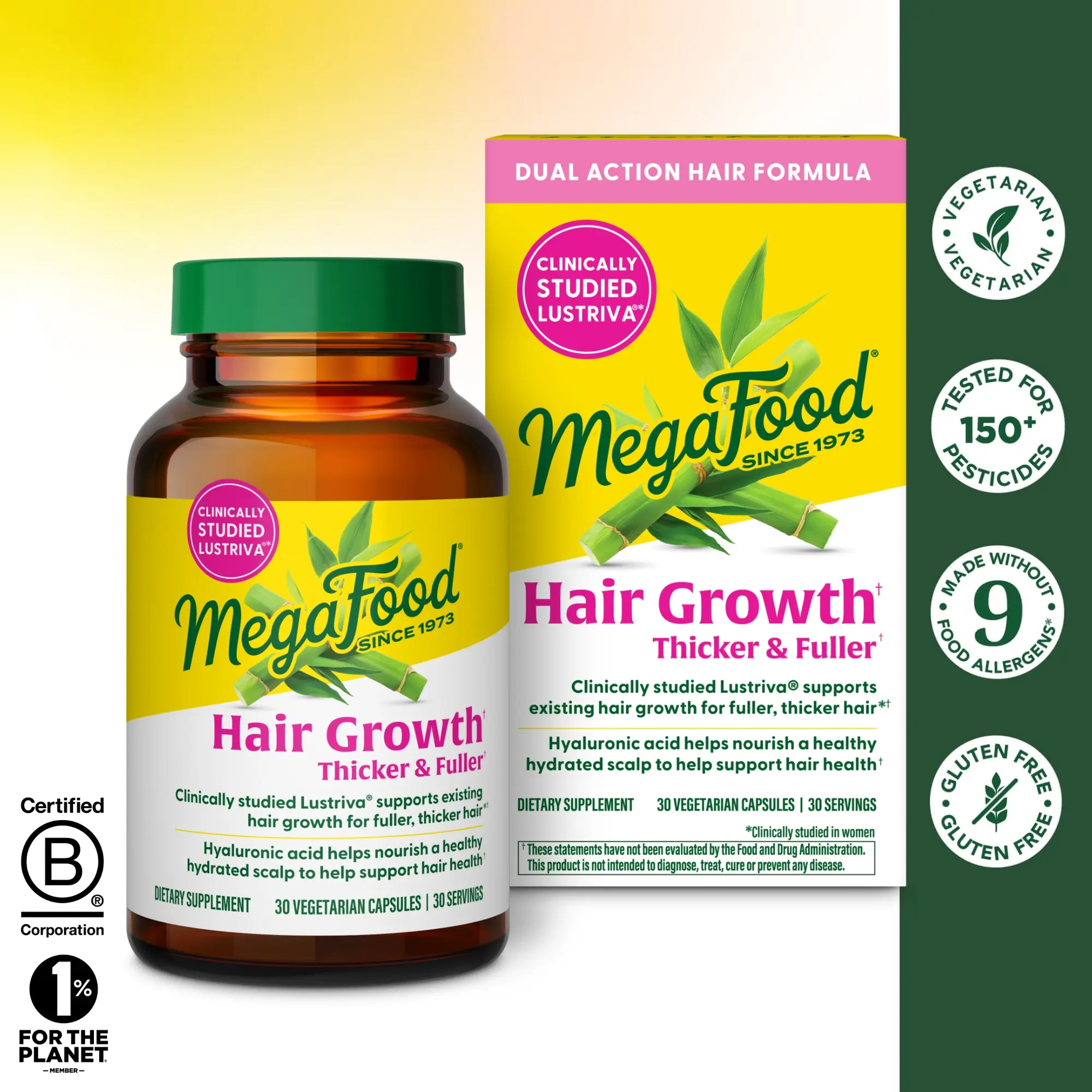 MegaFood Hair Growth Dietary Supplement - Clinically Studied Lustriva, Hyaluronic Acid, 100000mcg Biotin - Vegetarian Capsules for Thicker, Fuller Hair, Healthy Scalp Nourish, 3-week Growth Boost, Bamboo Shoot Boost - 30 Count, 30 Servings