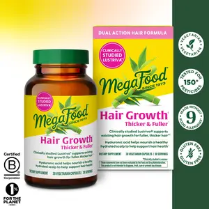 MegaFood Hair Growth - Clinically Studied Lustriva & Hyaluronic Acid - Biotin 100000mcg, Thicker & Fuller Existing Hair Growth Vitamins - 30 Vegetarian Capsules, 30 Servings