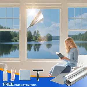 One-Way Window Mirror Film, Window Privacy Film, Self-Adhesive Sun Protection, Sun Shade Film, UV Protection, Reflective Thermal Film for Office & Home, Silver Color