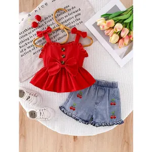 Summer Outdoor Play Outfit for Baby Girls Featuring a Cami Top with a 3D Bow And Ruffled Waistband, Paired with Cherry-Embroidered Denim Shorts, for Outdoor