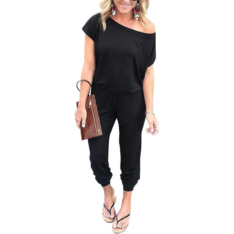 Women's Plus Size Romper Jumpsuit, Sports & Outdoor Casual Outfit, S-XXXL, Shortsleeve, Off-Shoulder, Fake Drawstring, Elastic Waist, Stretchy Loose Minimalist Fabric