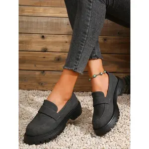 New British Style PU Leather Loafers, Casual Thick Sole Slip-On Shoes for Women, Spring & Fall Vintage Retro Design