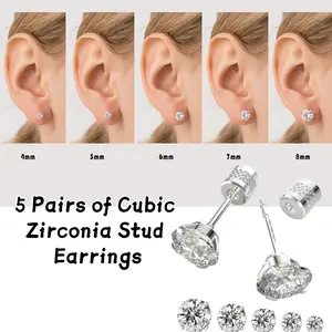 5 Pairs Push-in Flat Back Stud Earrings Hypoallergenic Surgical Stainless Steel Cubic Zirconia Earrings Studs Set Multi-Pack, CZ Stud Earrings for Women Men Trendy Cartilage Stud Earrings 2-8mm
