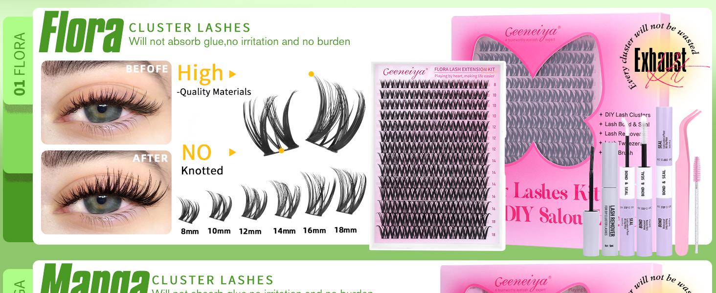 Geeneiya Lashes Waterproof DIY Lash Extension Kit, 8-18MM Wispy Lash Clusters Kit,Ultra-thin Soft Band Eyelash Extension Kit with Waterproof Lash Bond and Seal,Lash Remover,Tweezers for Girls Gift Makeup Cosmetic (Flora/ Venus/ Manga)TikTokShopBlackFriday