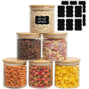 Airtight Glass Food Storage Jars Set of 6, 20oz Clear Glass Food Storage Container with Sealing Wooden Lid, Stackable Spice Jar, Round Kitchen Canister for Sugar, Tea, Coffee bean, Pasta, Oat