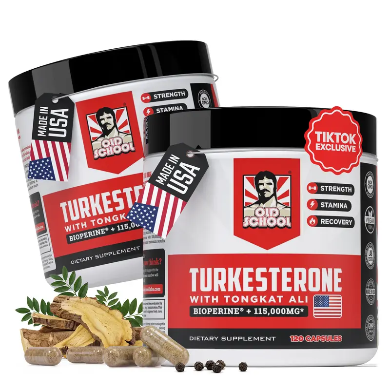 2 Pack Old School Labs Turkesterone for Men with Tongkat Ali & BioPerine - Supports Men’s Fitness, Performance & Vitality Support, 240 Capsules