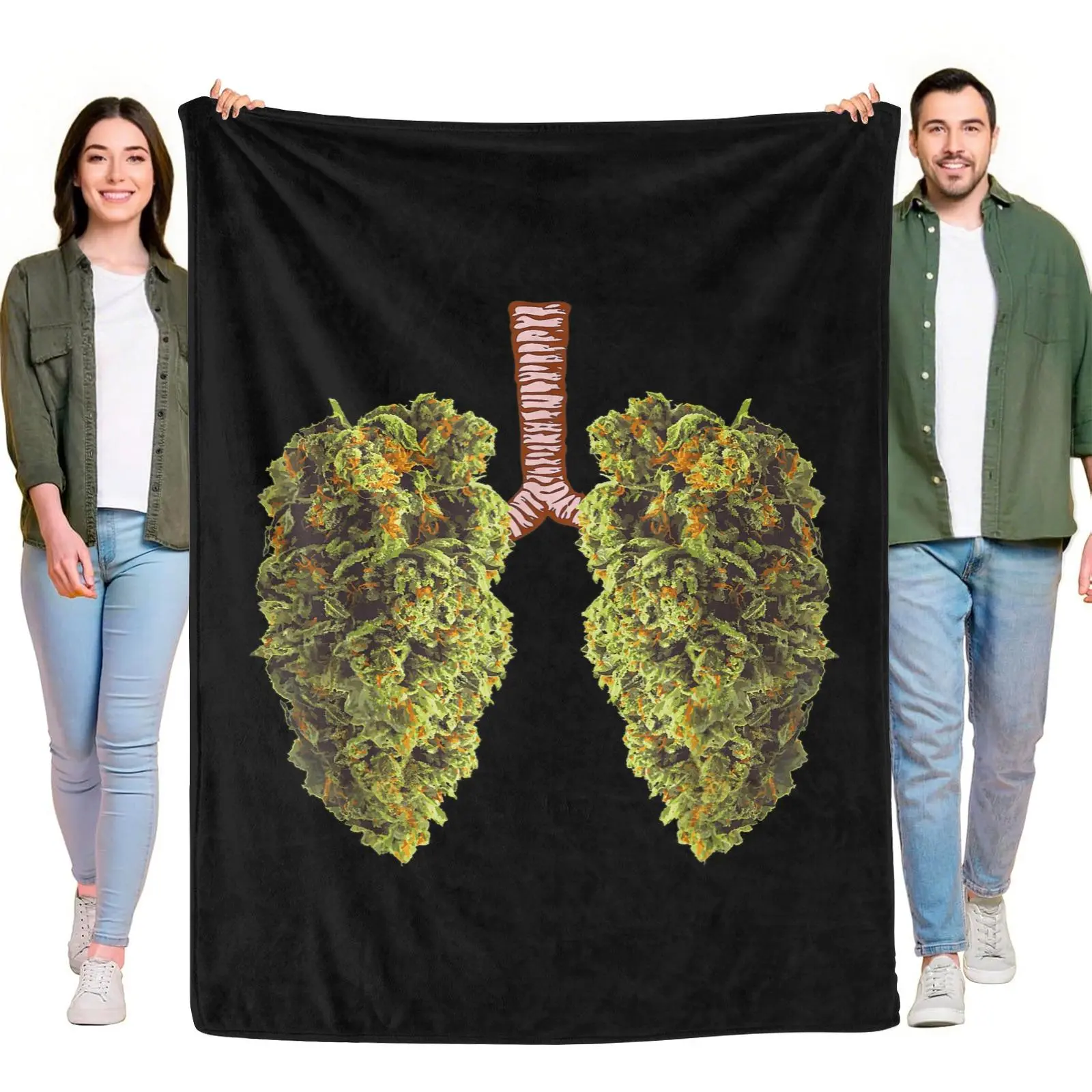 Flannel Throw Blanket Lung Shaped Plant Buds Realistic Art Black Background Botanical Creative Graphic Indoor Decorative Throw Blanket