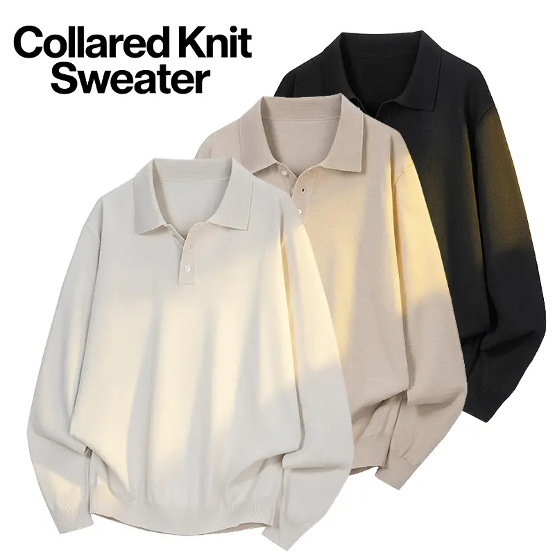Men’s knit polo sweater with a turn-down collar, long sleeves, and button closure; loose fit, soft knit pullover, suitable for everyday casual wear.