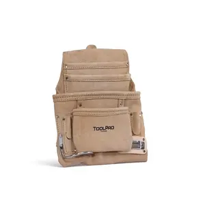 ToolPro 10 Pocket Nail Pouch Suede - High Quality Suede Leather Tool Bag with Nickel Plated Steel Hardware & Belt Clip