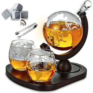 Whiskey Decanter Globe Set with 2 Etched Globe Whisky Glasses | Liquor Decanter | Whiskey Stones, Ice Tong, Funnel - Gifts For Men Dad, Husband - Liquor, Bourbon, Scotch, Vodka, Wood Stand - 850ml