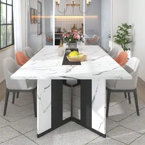 71" Large Luxurious Rectangular White Dining Table For 6 8 10 People W/Marble-Color Wood Tabletop,Metal Adjustable Leg.Modern 6ft Family Dinner Table For Rustic Office Kitchen Living Room outdoorfun