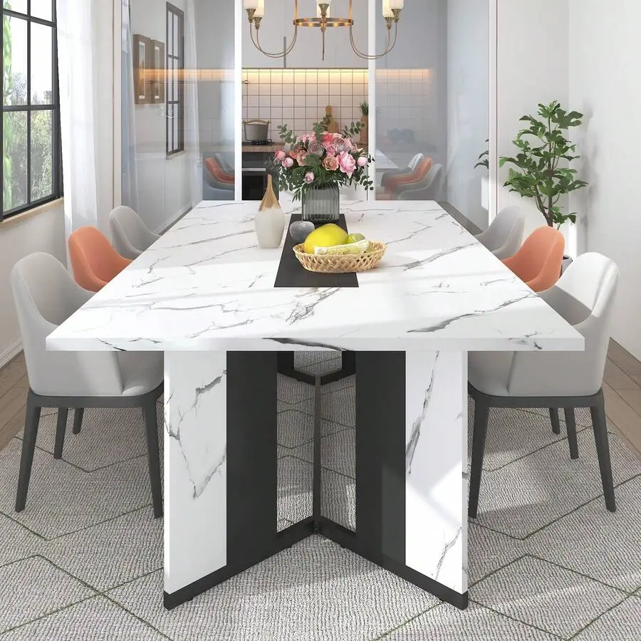 71" Modern MDF Dining Table - Marble-Color Glossy Flat-Top Wood Tabletop, Metal Adjustable Legs, 6ft Dual-Use Furniture for 6-8-10 People, Ideal for Family Kitchen, Rustic Office, Modern Furniture