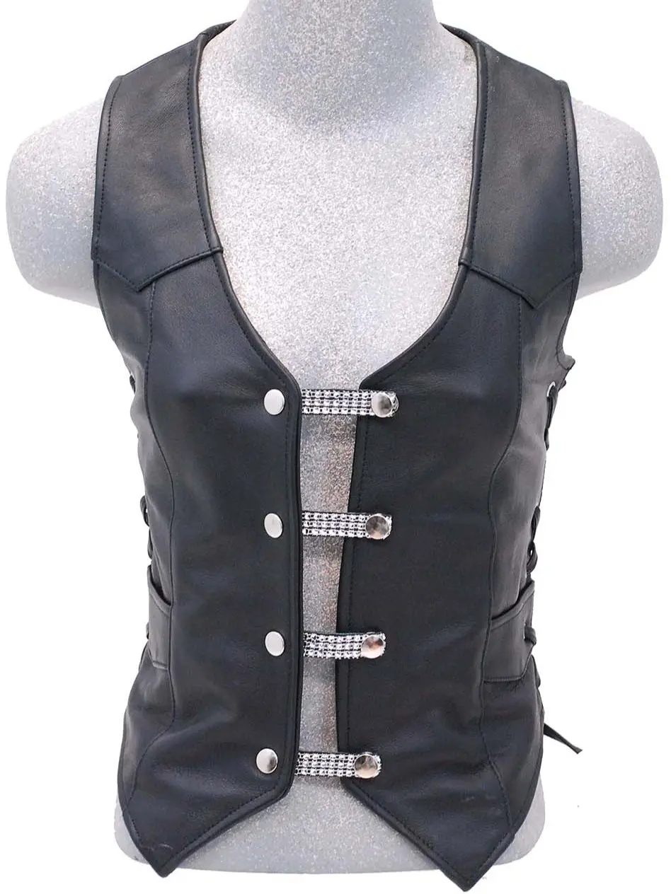 Crystals on Black Leather Vest Extenders (set of 4) 2.5" and 4" Lengths #VC1410