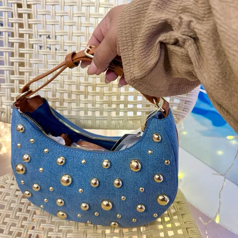 The Studded Jean Bag with Gold Studs & "Love Letter" Tag - Soft Denim Texture, Secure Zipper Closure, Mini Storage Pocket, Lightweight Design