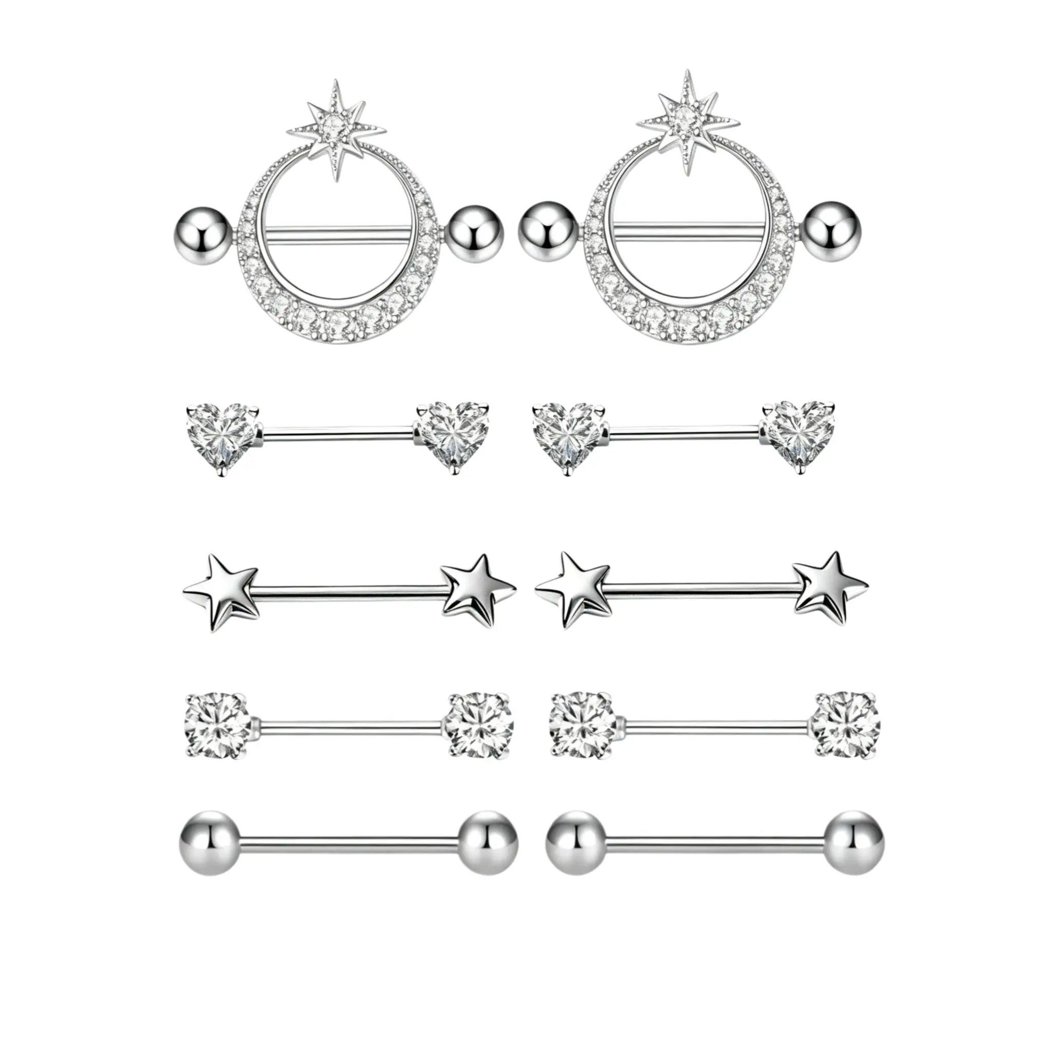 10 pcs 14G Nipple Piercing Rings Stainless Steel Star Nipple Rings For Women 14G 14mm Accessories For Daily Wear, Nipple Barbells Set Bridge Nipple Piercing Split Star Nipple Jewelry