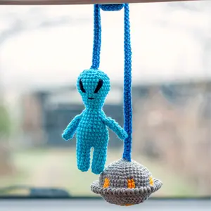 Loppy Puff - Alien And UFO Crochet ,Astronaut Crochet Car Hanger. Cosmonaut Crochet Car Hanging Accessories. Spaceman Car Rear View Mirror Charm