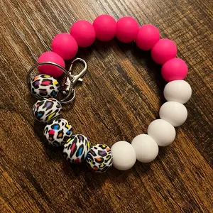 Silicone Beaded Wristlet Keychain - Hot Pink, White, Rainbow Leopard - Phone, Accessories