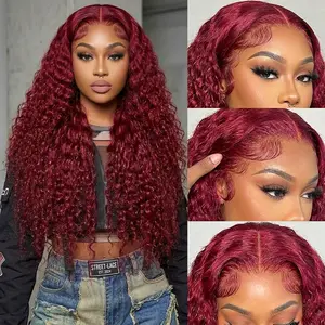 30 Inch 99J Burgundy Deep Wave Lace Front Wigs Human Hair 180% Density 13x6 HD Lace Frontal Wigs for Women 100% Real Human Hair No Synthetic Blend