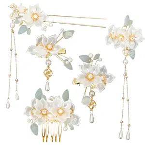 5 Pcs Camellia Flower Tassels Hairpins Set, Chinese Hanfu Crystal Rhinestone Pearl Hair Clips, Retro Wedding Brides Hair Accessories for Women