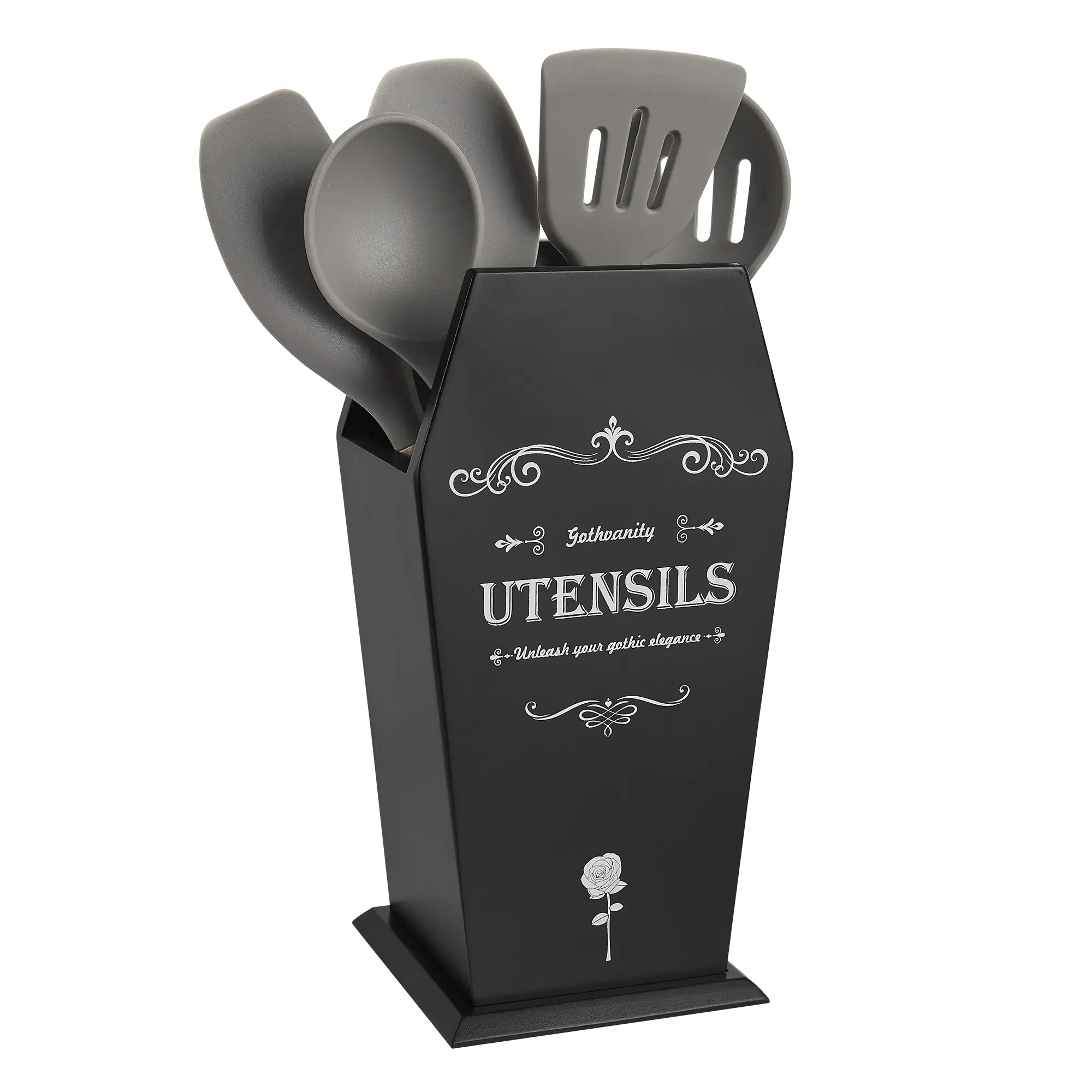 Coffin Utensil Holder, Gothic Kitchen Organizer, Large Wood Stable Utensil Caddy, Mutifunctional Kitchen Decor-Black-12.5X8X5 inches Storage Knife Wooden Sturdy