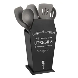 Coffin Utensil Holder, Gothic Kitchen Organizer, Large Wood Stable Utensil Caddy, Mutifunctional Kitchen Decor-Black-12.5X8X5 inches Storage Knife Wooden Sturdy