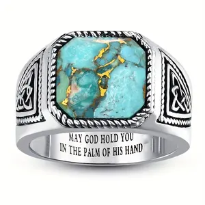 Teenager'S Retro Turquoise Ring with Square Cut Celtic Design, Available in Sizes 7-12, Ideal for Father'S Day Gifts, Stylish And Elegant, For Teenager