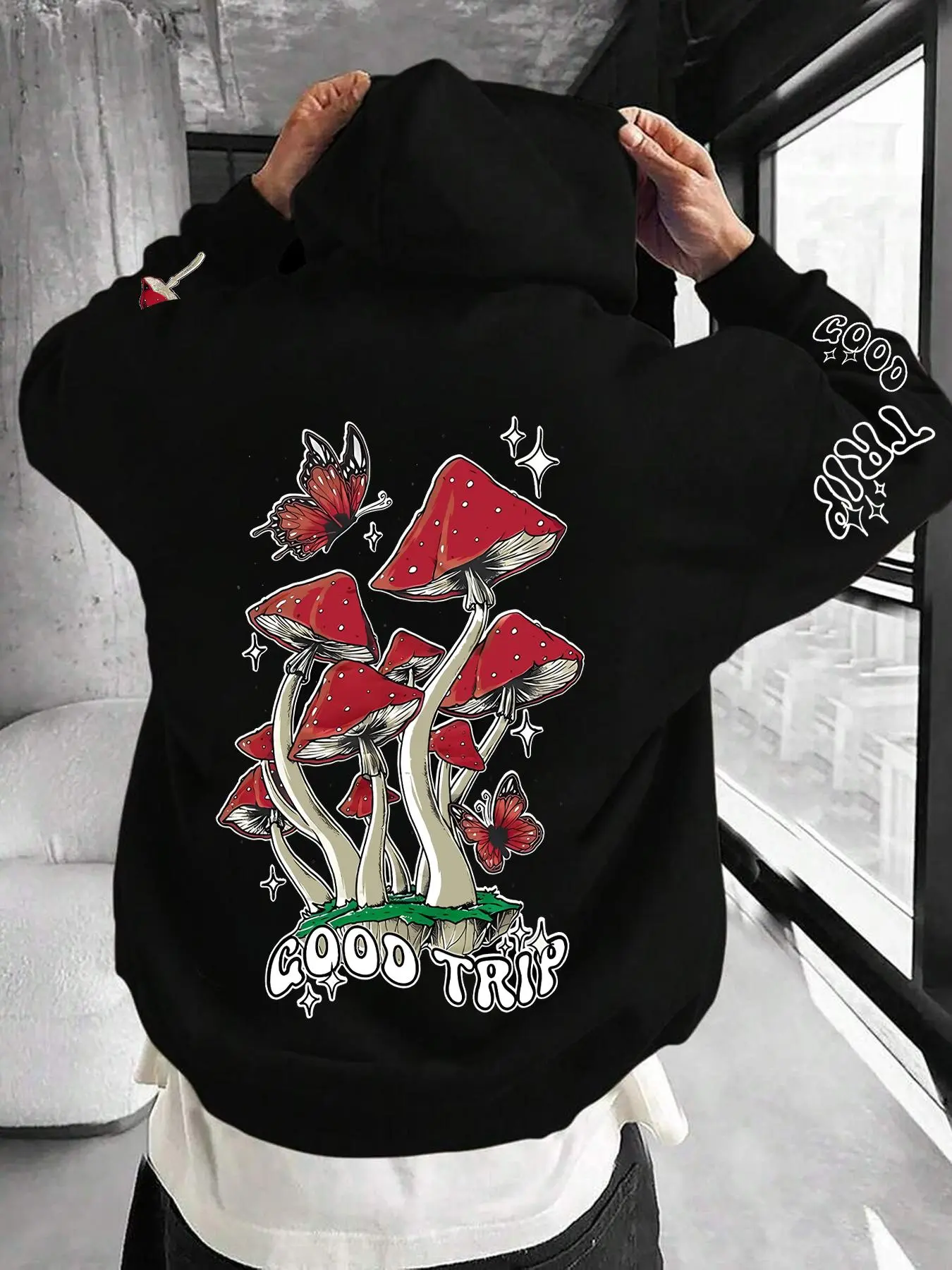 Men's Mushroom Print Hoodie, Loose Casual Long Sleeve Hooded Sweatshirt for Fall & Winter, Men's Clothes for Daily Wear