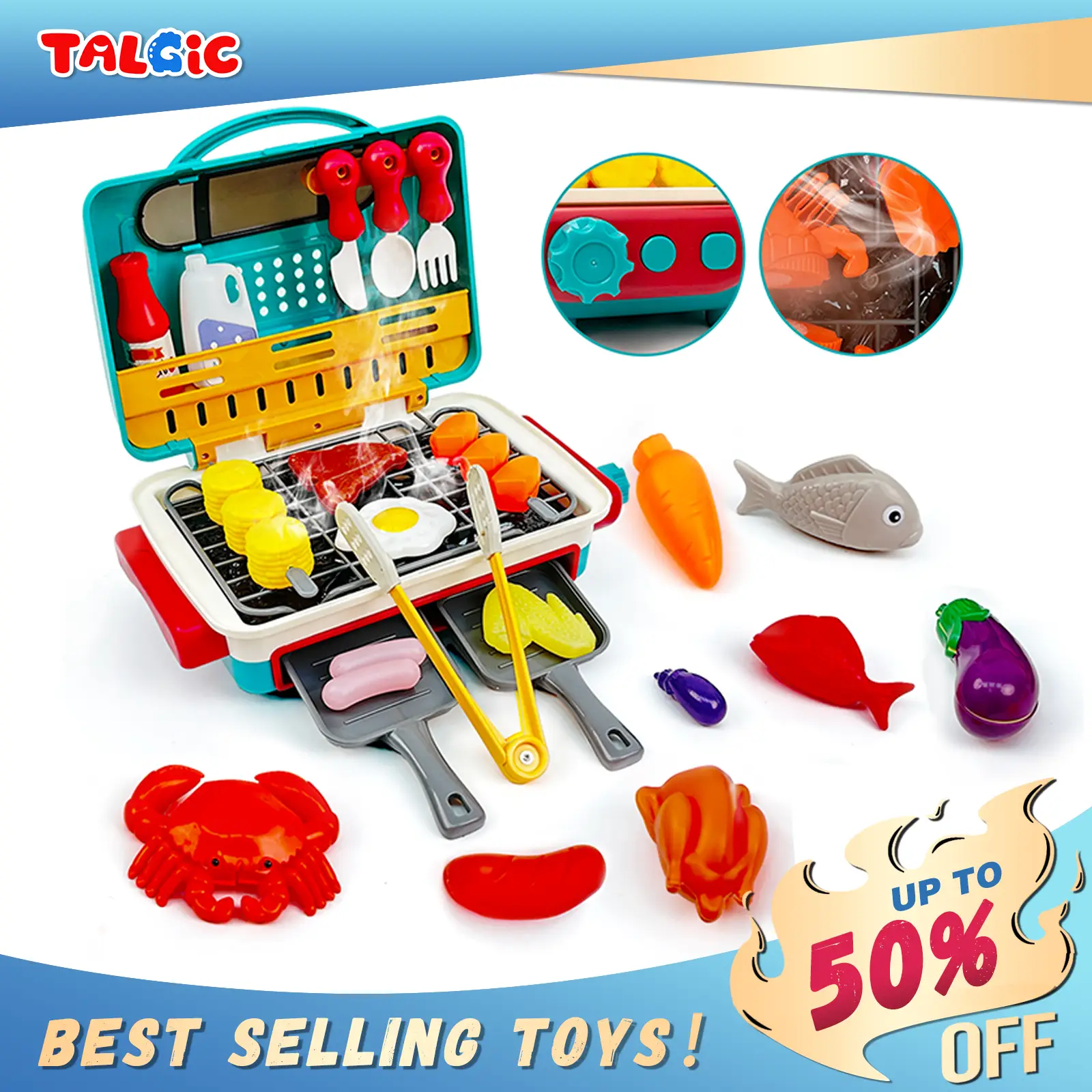 Talgic BBQ Grill Toy Set Color Changing Pretend Play ,Little Chef Play, Interactive BBQ Toy Set for Kids aged 3 4 5 6 7 8+