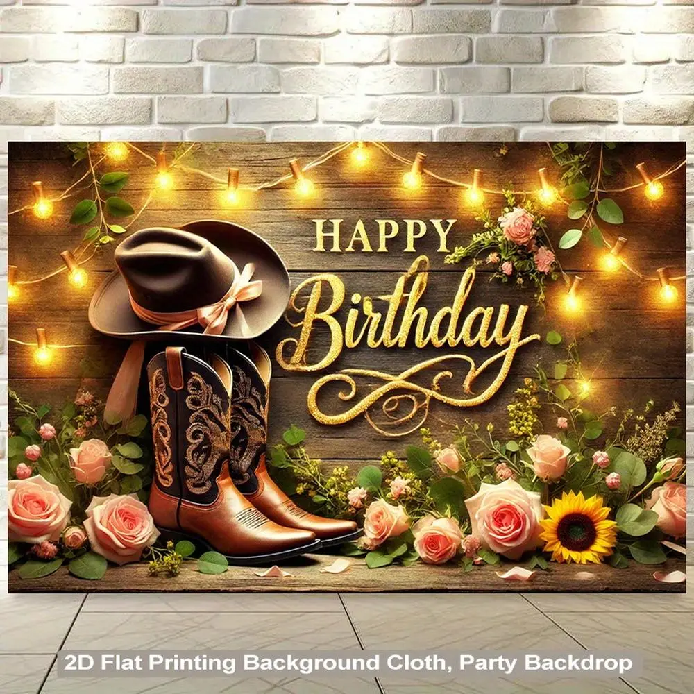 1pc Western Theme 2D Flat Boots & Horseshoe Print Fabric Backdrop Banner, Rustic Brown & Golden Easy-Hang Textile Wall Hanging for Rodeo, Wedding Events - Party Decorations