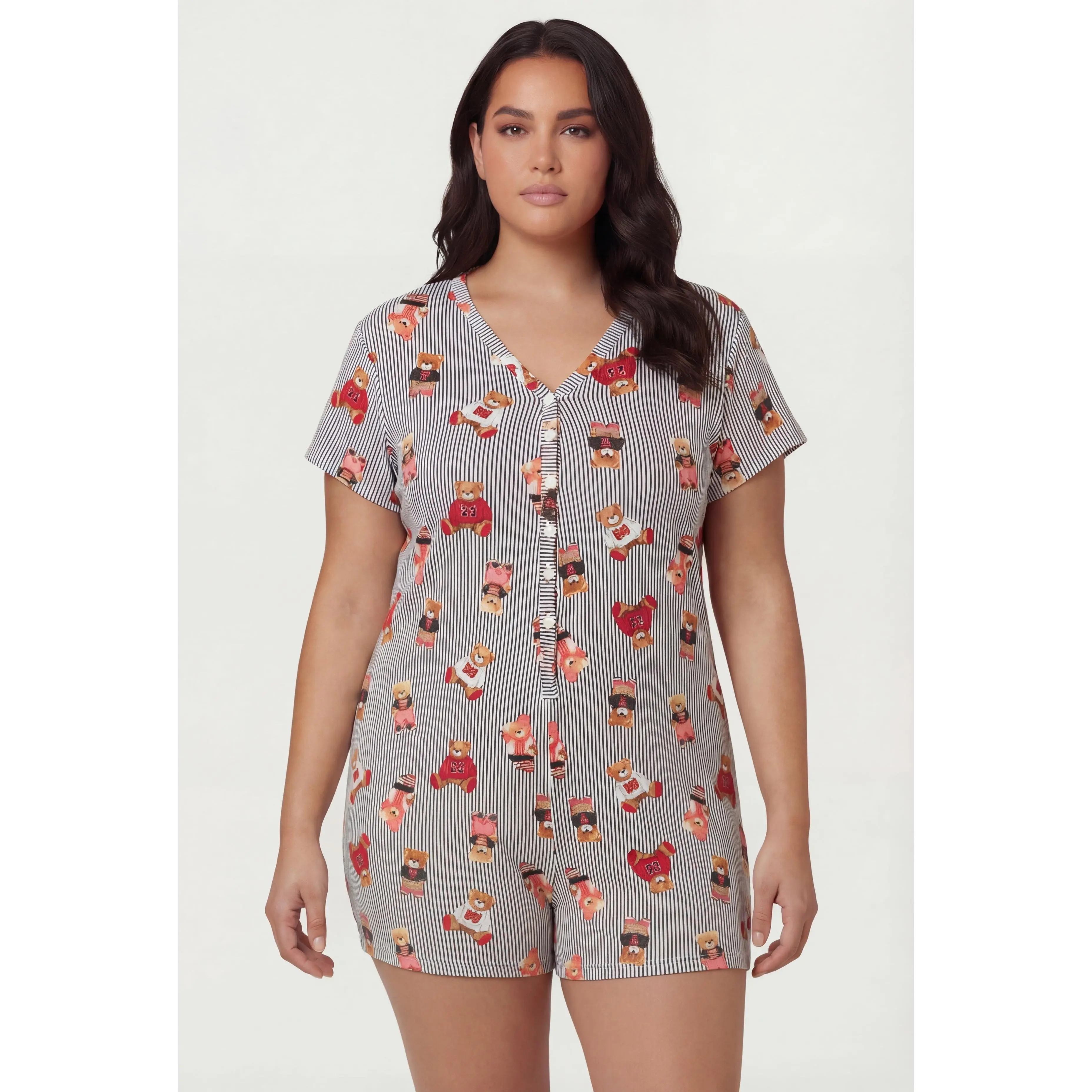 Plus Size Cute Striped Bear Print Pajama Romper