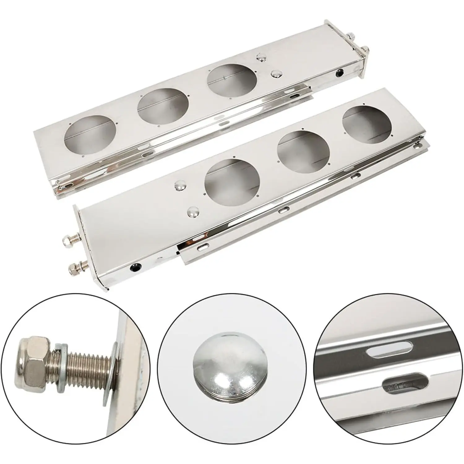 2 x Stainless Steel Straight Bar Mud Flap Hangers for Semi Trucks (Mack, Kenworth), 30in Straight, 2-1/2in Bolt Spacing, 4in Light Cutouts, Dust Prevention, Road Safety Exterior Replacement Accessories