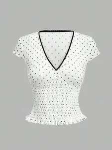 Women's Polka Dot V-Neck Ruched Short Sleeve Top, French Sweet Spicy Style, Slimming Fit, Casual Wear for All Seasons