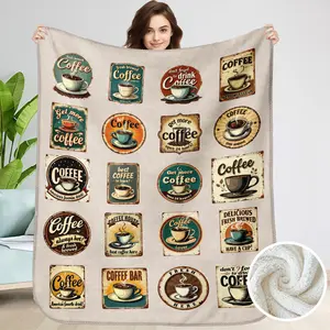 Coffee Lover Vintage Sherpa Blanket Mom Soft Blanket, Vintage Coffee Label Home Decor, Coffee Cups Design Blanket Birthday Mom
