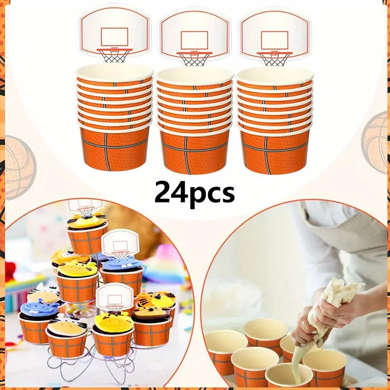 24 Sets Basketball Hoop Snack Cups with Cards 8 oz Disposable Paper Basketball Party Cups Sports Balls Treat Food Bowls for Balls Birthday Party Favors Decorations Supplies