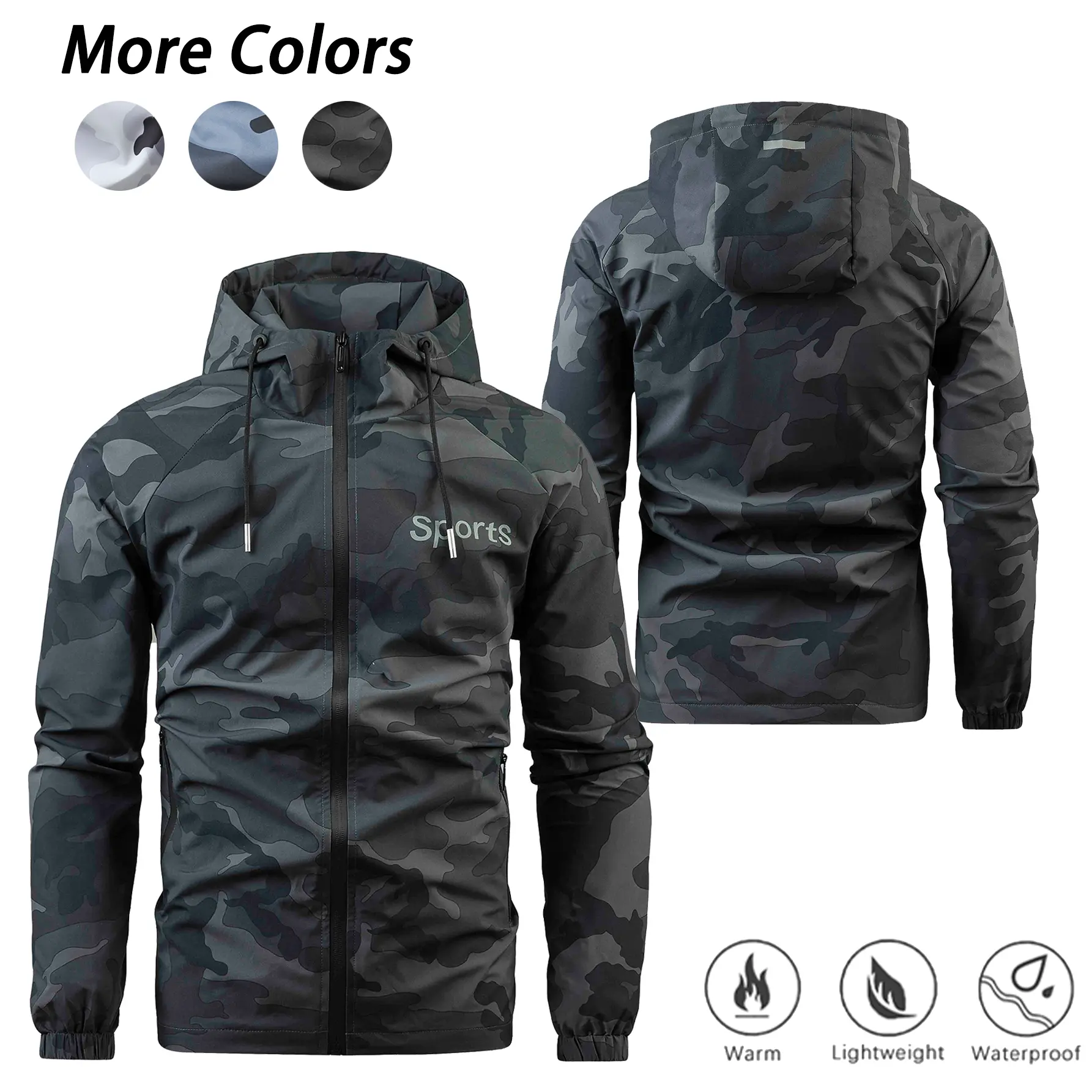 Camouflage print hooded windproof jacket, lightweight outdoor sports jacket with full zip closure, drawstring hood, casual top