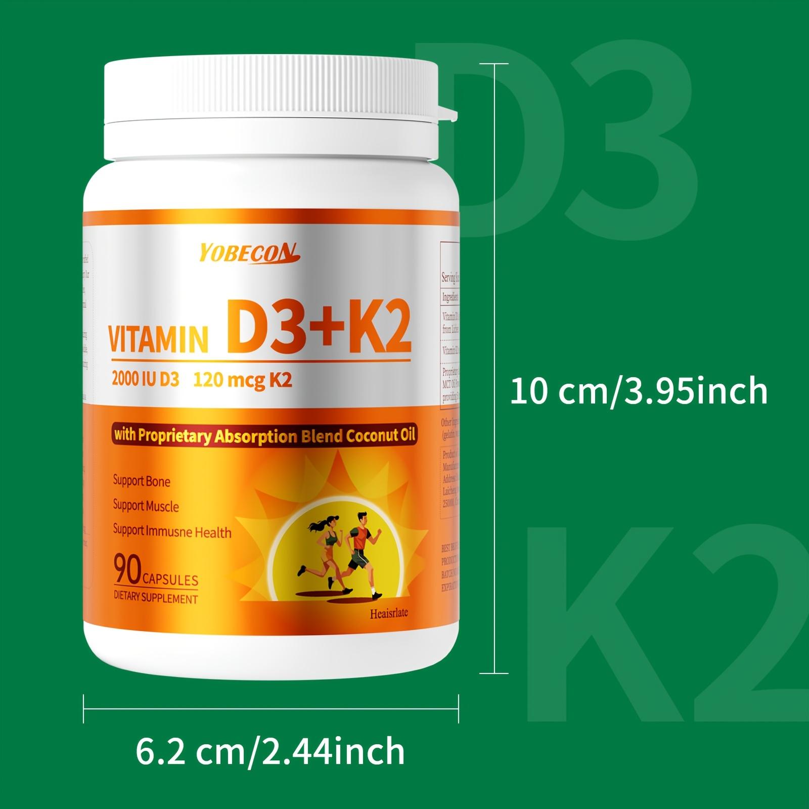 Vitamin D3K2 Supplement, 90-day supply, 2000 IU D3, 120mcg K2 (including MK7), supports bone and dental health, dual nutritional support, daily care, easy to swallow - 90 capsules