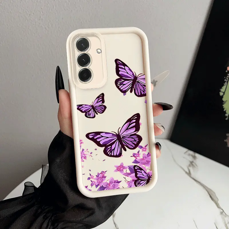 Butterflies & Pink Flowers Design Protective Smartphone Case, Shock-Resistant Cover for Samsung Galaxy A05-A07, A12-A17, A21S-A26, A32-A36, A52-A56, S21 Ultra, S22 Plus, S23+, S24 FE, S25 Edge Mobile Accessories, Cellphone