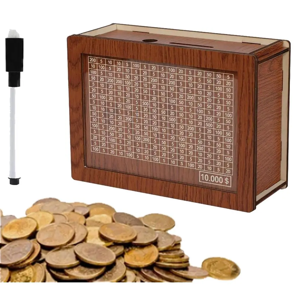 Must‑Have Budget Tool｜Solid Wood 10K Savings Goal Box, Adjustable Countdown Marker, Holds Cash and Coins, Stylish Decor for Home & Office